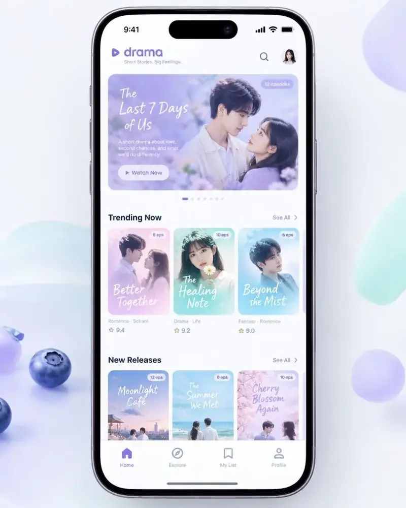蕃茄短剧APP界面预览，展示梦幻薰衣草紫主题的追剧首页