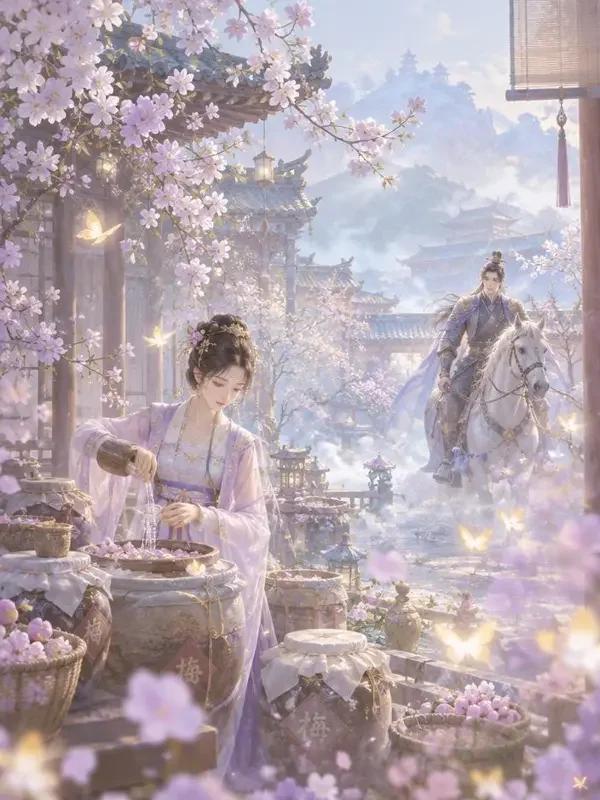 青梅煮酒待君归 - 蕃茄短剧口碑榜 蕃茄短剧《青梅煮酒待君归》封面,江南小院青梅竹马的唯美画面